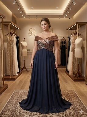 SHEIN Navy Chiffon Gown with Bronze Sequin Off-Shoulder Bodice